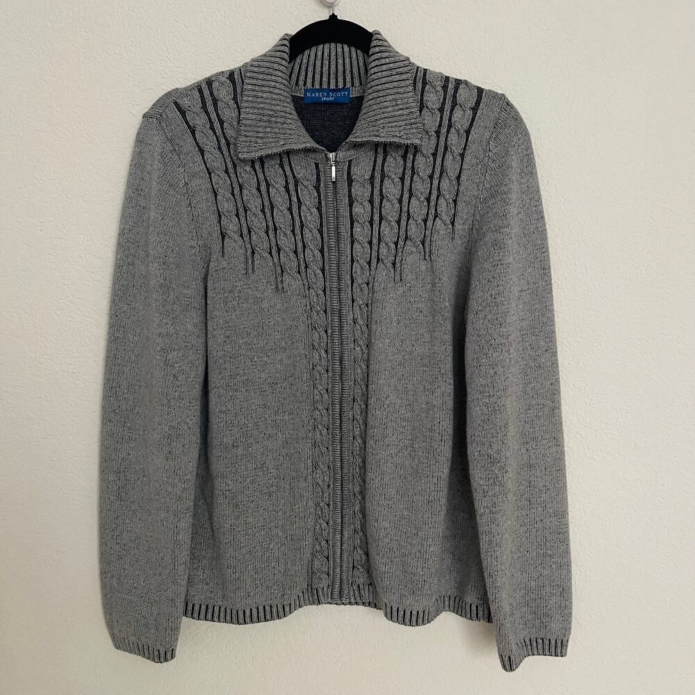 Karen Scott Gray Cable Knit Zip Front Cardigan Sweater Size Large